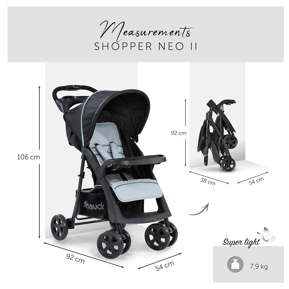 Hauck Shopper Neo II Pushchair 2 Cup Holder And Accessory Tray XL Shopping Basket Raincover Up To 4Y - Black/Grey