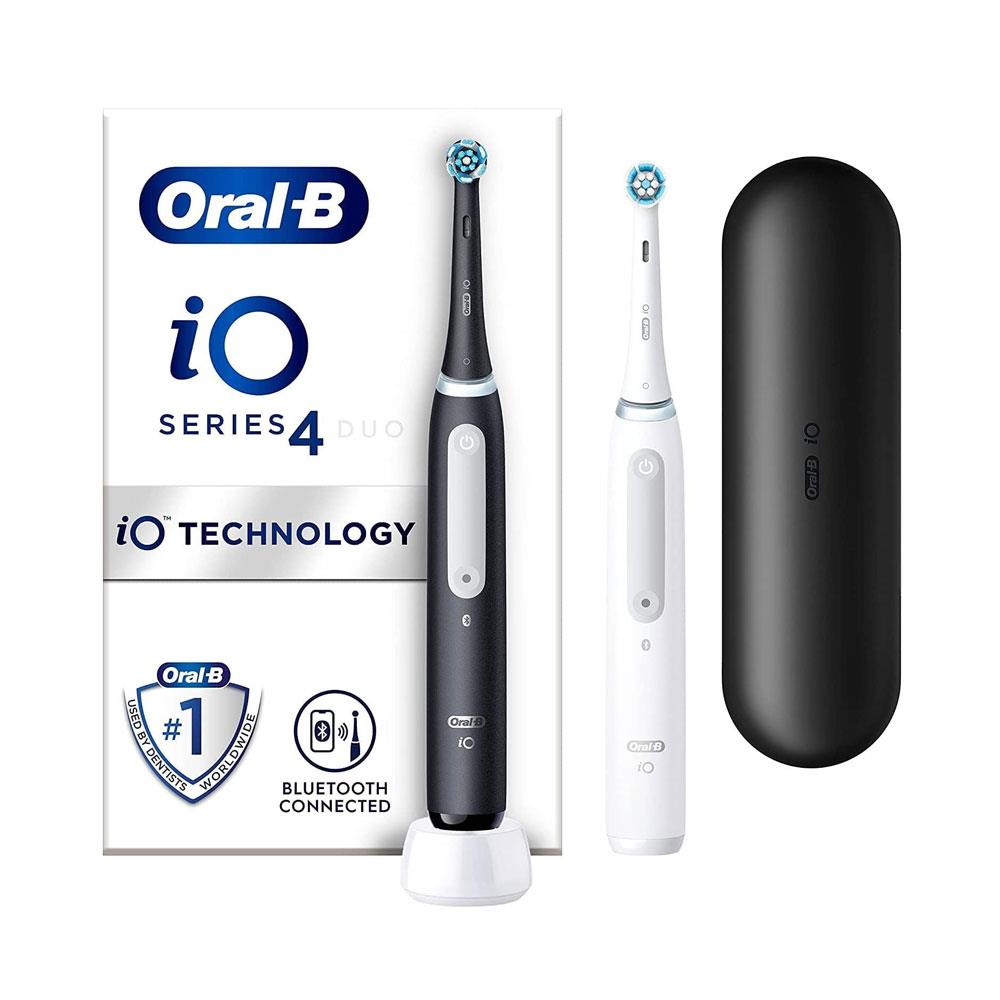 Oral-B Series 4 iO Electric Toothbrush Duo Pack 2 Toothbrush Heads With Travel Case - Matte Black And White Main image
