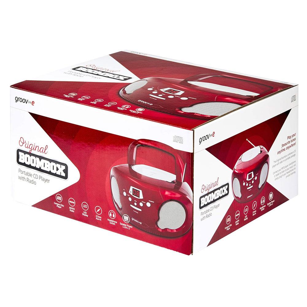 Groov-e Original Boombox Portable CD Player With Radio 3.5mm AUX Input Headphone Jack - Red