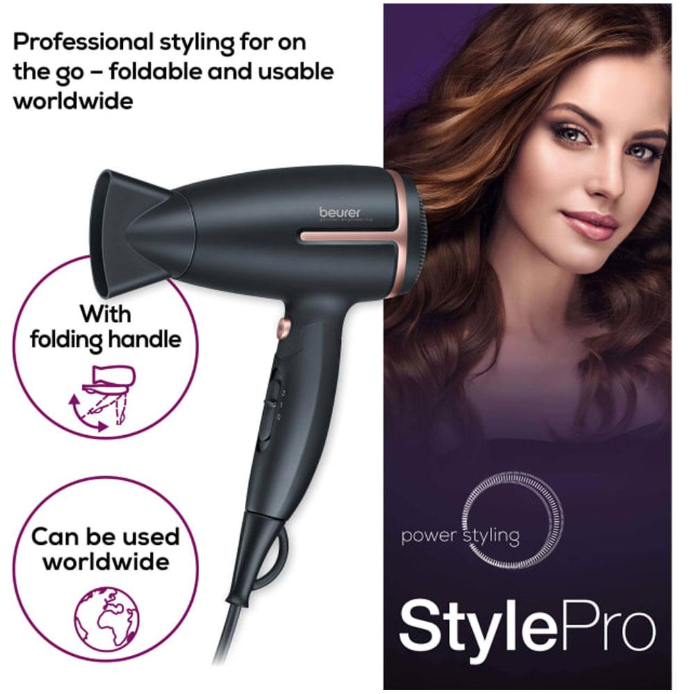 Beurer HC 25 Travel Hair Dryer With Ion Function Retractable 2 Heat Settings 1600W - Black And Rose Secondary image