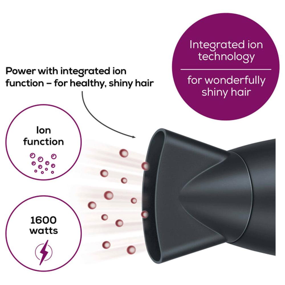 Beurer HC 25 Travel Hair Dryer With Ion Function Retractable 2 Heat Settings 1600W - Black And Rose