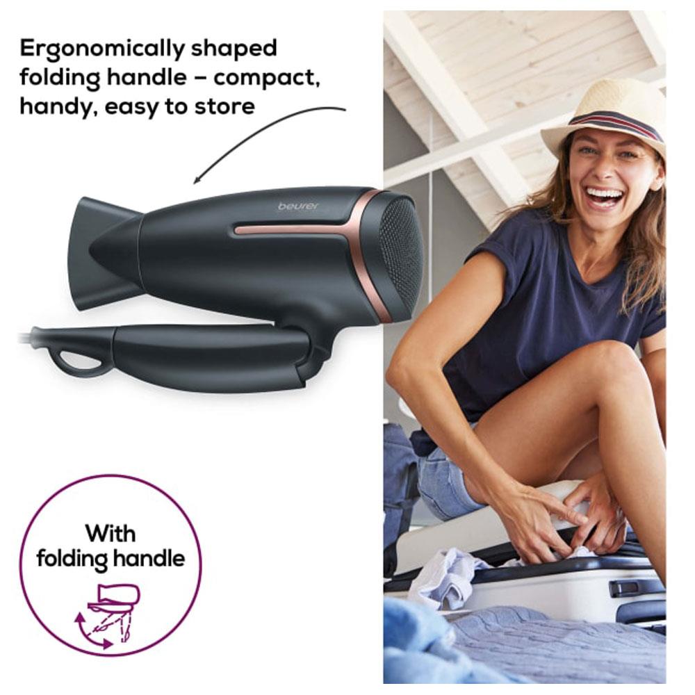 Beurer HC 25 Travel Hair Dryer With Ion Function Retractable 2 Heat Settings 1600W - Black And Rose