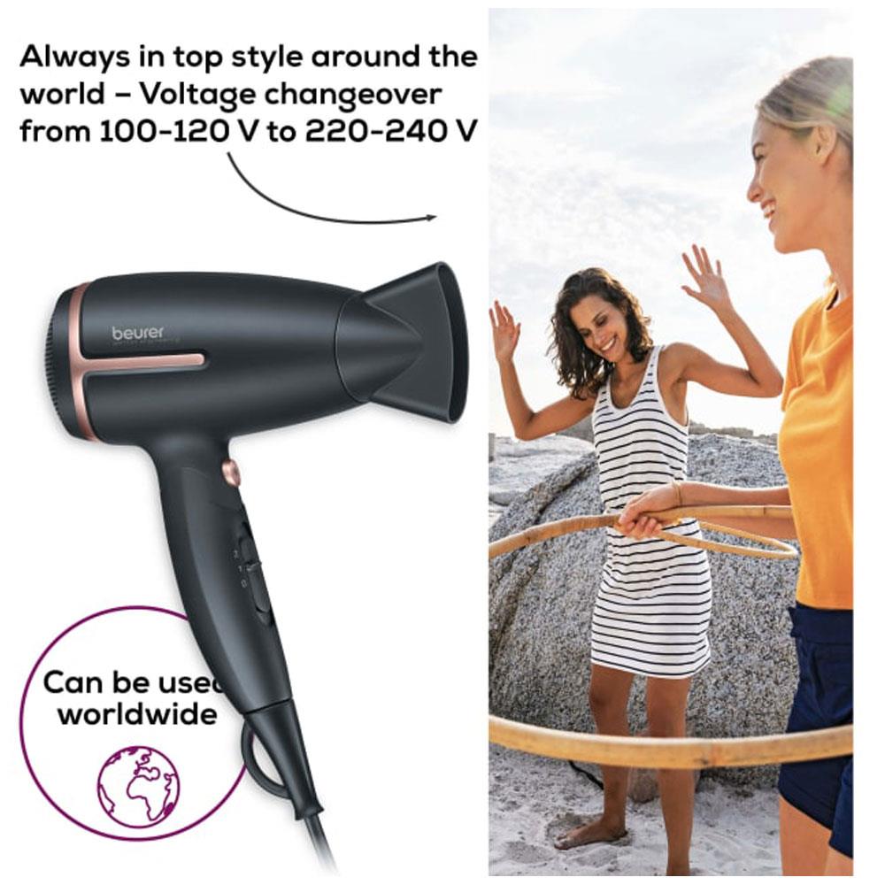 Beurer HC 25 Travel Hair Dryer With Ion Function Retractable 2 Heat Settings 1600W - Black And Rose