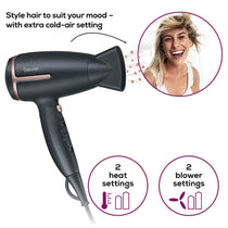 Beurer HC 25 Travel Hair Dryer With Ion Function Retractable 2 Heat Settings 1600W - Black And Rose