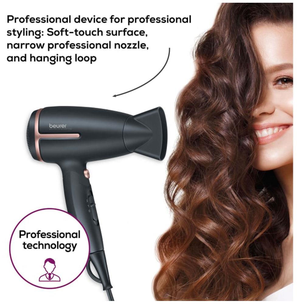 Beurer HC 25 Travel Hair Dryer With Ion Function Retractable 2 Heat Settings 1600W - Black And Rose