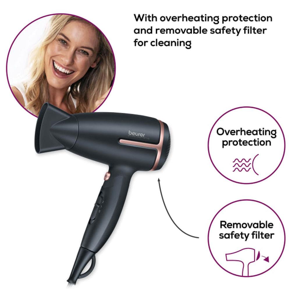 Beurer HC 25 Travel Hair Dryer With Ion Function Retractable 2 Heat Settings 1600W - Black And Rose