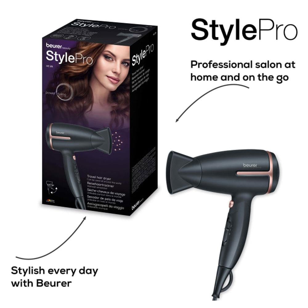 Beurer HC 25 Travel Hair Dryer With Ion Function Retractable 2 Heat Settings 1600W - Black And Rose