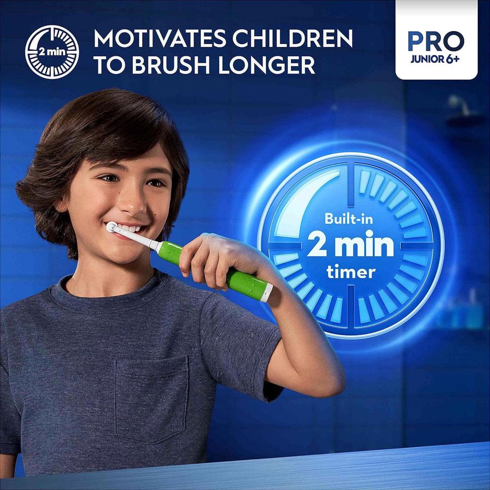 Oral-B Pro Junior Kids Electric Toothbrush 3 Modes With Kid-Friendly Sensitive Mode Ages 6+ - Green