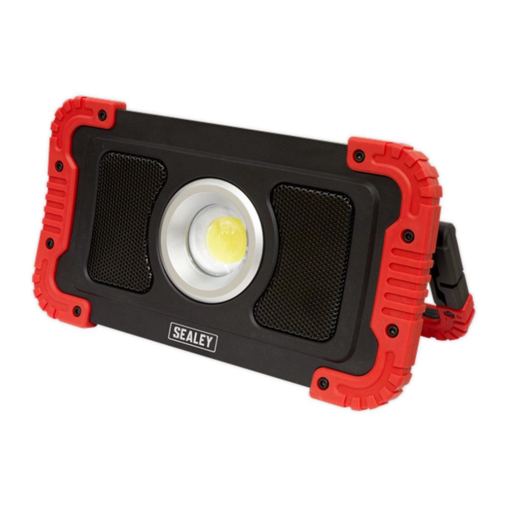 Sealey 20W COB LED Rechargeable Floodlight With Wireless Speakers And Power Bank - Black/Red