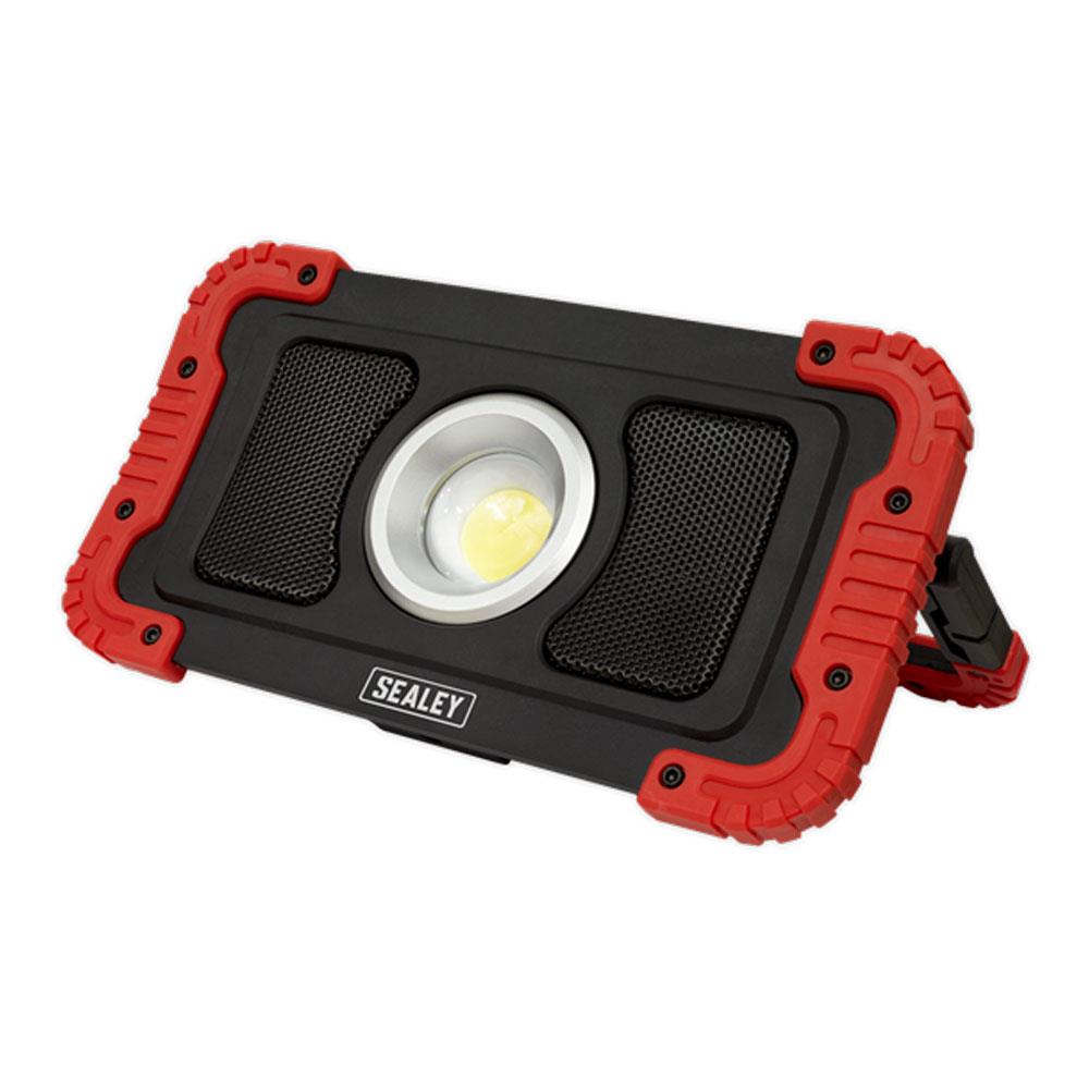 Sealey 20W COB LED Rechargeable Floodlight With Wireless Speakers And Power Bank - Black/Red