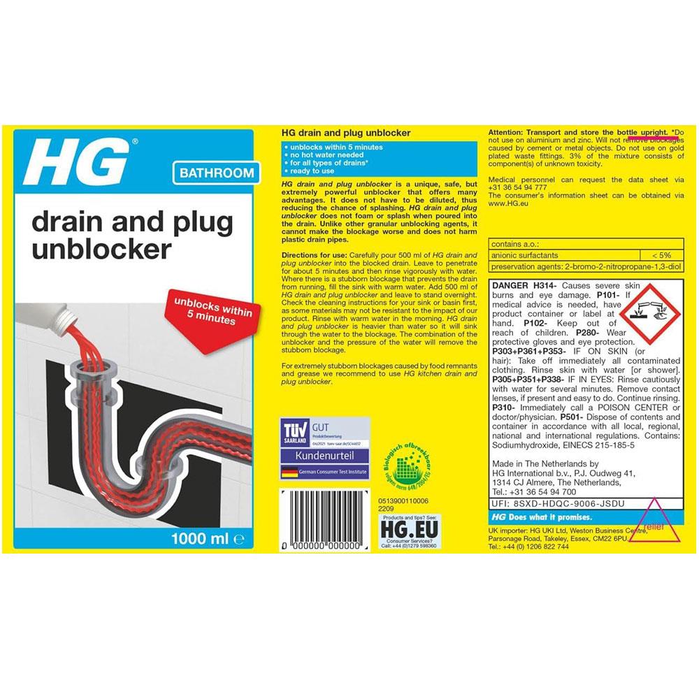 HG Drain And Plug Unblocker Remove Blockages Effectively Liquid Cleaner - 1 Litres