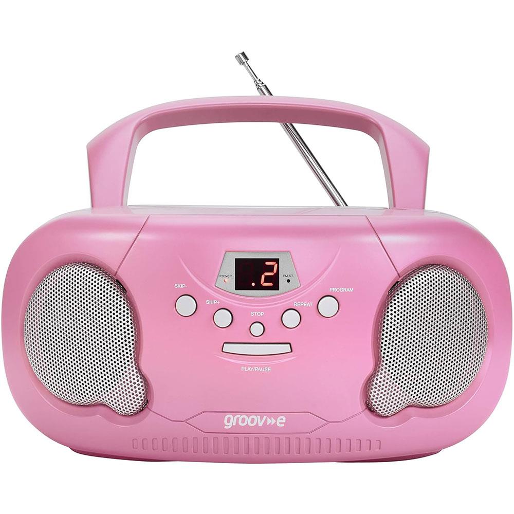 Groov-e Original Boombox Portable CD Player With Radio 3.5mm AUX Input Headphone Jack - Pink