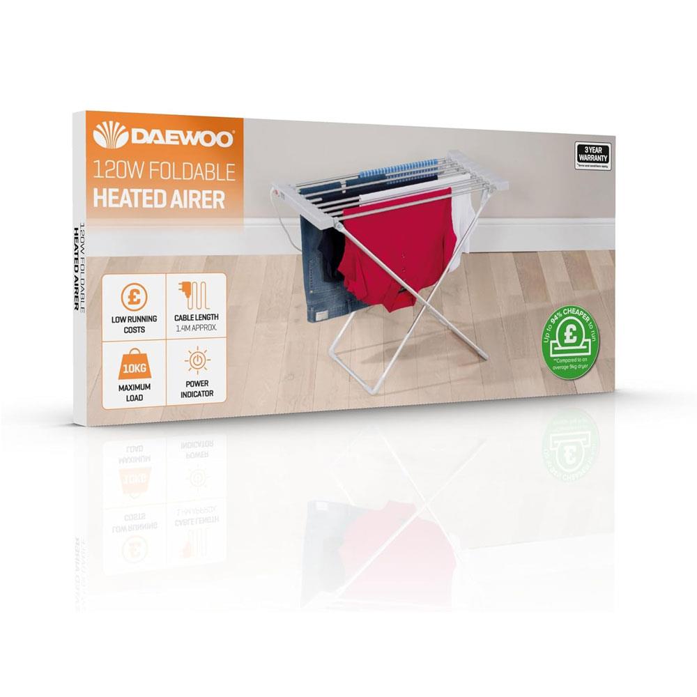 Daewoo Heated Clothes Airer Foldable 120W 10KG Load Energy Efficient Drying Rack - Silver