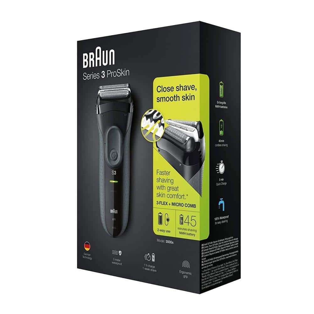Braun Series 3 ProSkin 3000S Electric Shaver With Protection Cap Rechargeable Cordless Waterproof - Grey