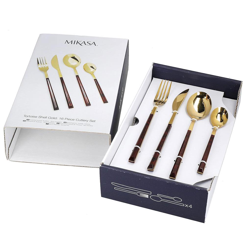 Mikasa Faux Tortoise Shell Gold Coloured Cutlery Set Spoons Teaspoons Forks Knives - 16 Piece