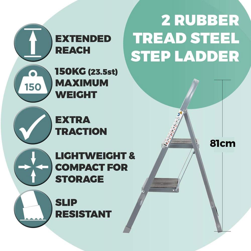 OurHouse 2 Rubber Tread Steel Step Ladder 150kg Maximum Weight Slip-Resistant Feet - Grey Secondary image