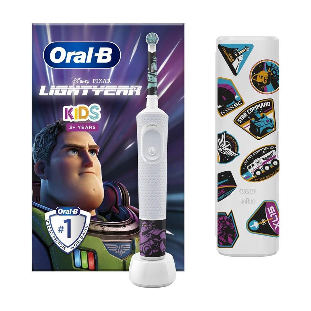 Oral-B Disney Lightyear Kids Electric Toothbrush 1 Tooth Brush Head And Travel Case With Stickers - White