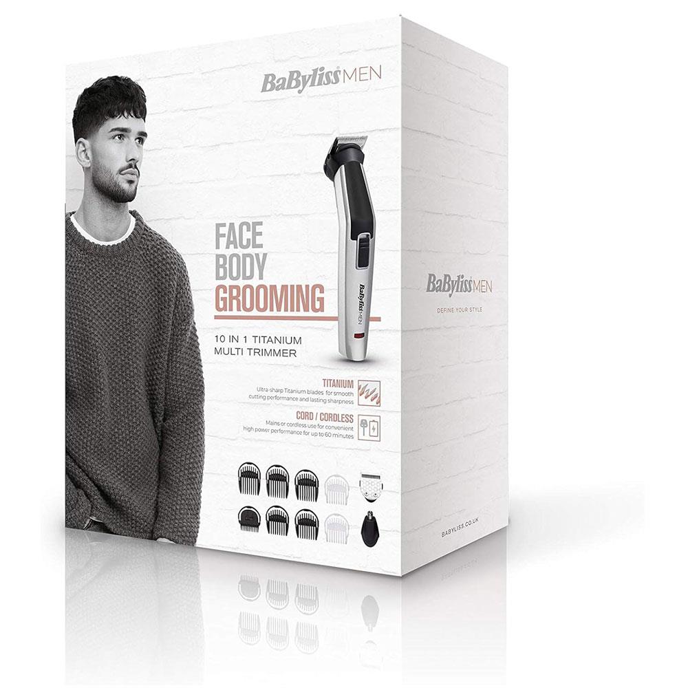 BaByliss Men 10-In-1 Titanium Multi Trimmer Face And Body Grooming Kit With Nose Trimmer Head - Silver/Black