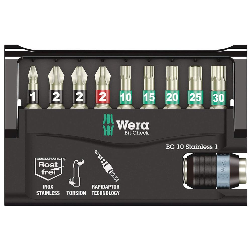 Wera Bit-Check 10 Stainless 1 Screwdriver Bit Set With Rapidaptor Holder - 10 Pieces