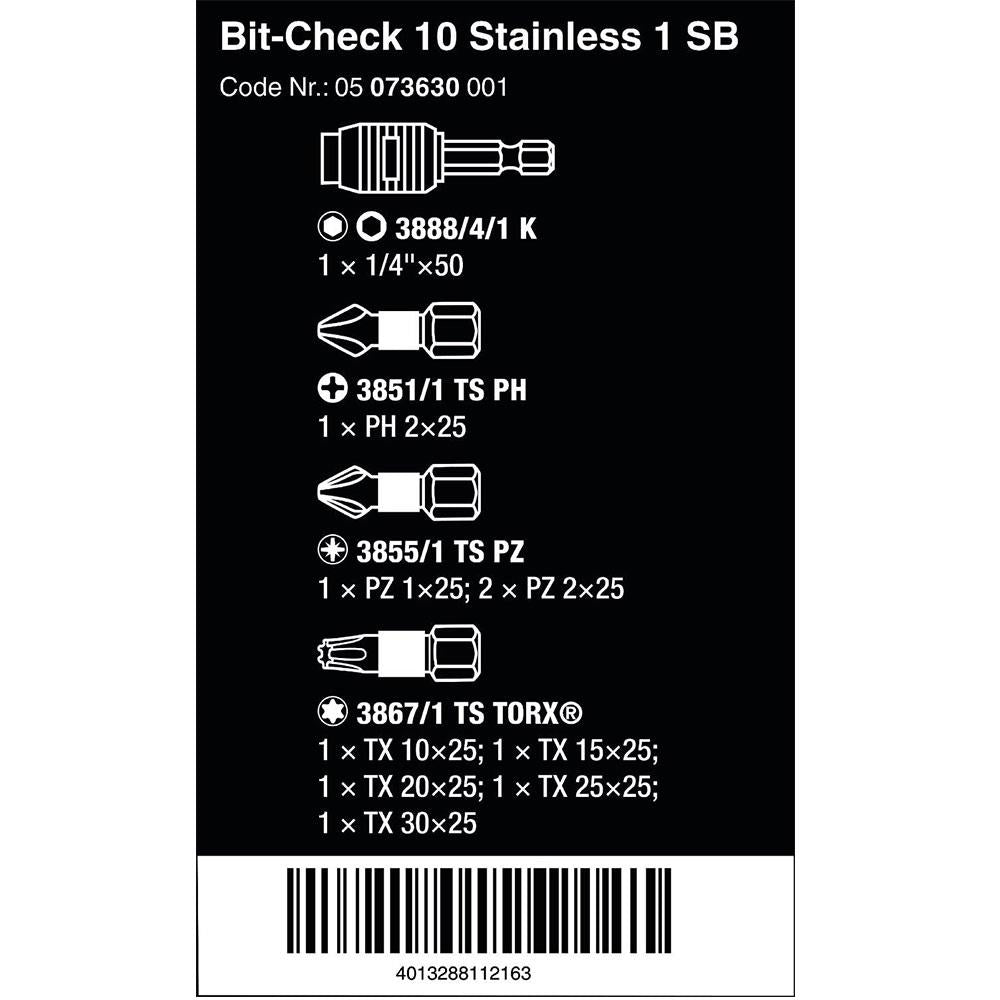 Wera Bit-Check 10 Stainless 1 Screwdriver Bit Set With Rapidaptor Holder - 10 Pieces