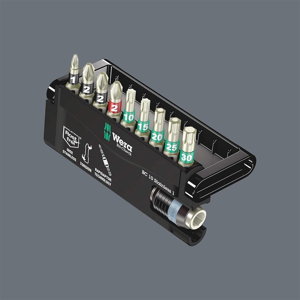 Wera Bit-Check 10 Stainless 1 Screwdriver Bit Set With Rapidaptor Holder - 10 Pieces