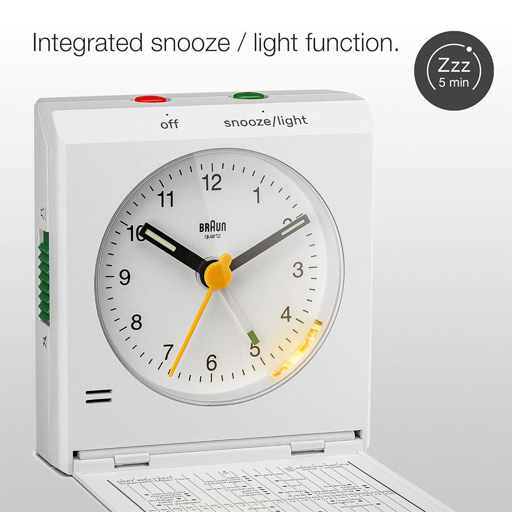 Braun Vitange Travel Analogue Alarm Clock With Snooze And Light - White Secondary image
