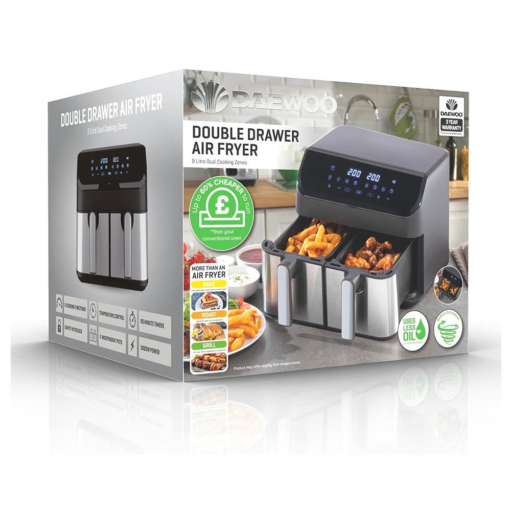 Daewoo Digital Double Drawer Air Fryer Family Sized XL 4.5 Litre Draws 1400W 9 Litres - Black/Silver Main image