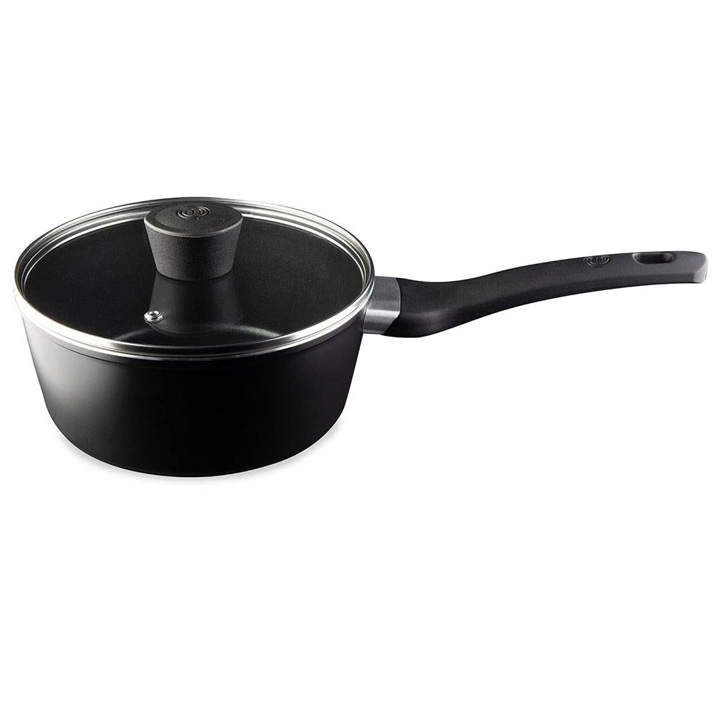 MasterChef Essential Non-Stick Stainless Steel Sauce Pan With Tempered Glass Lid 18cm - Black