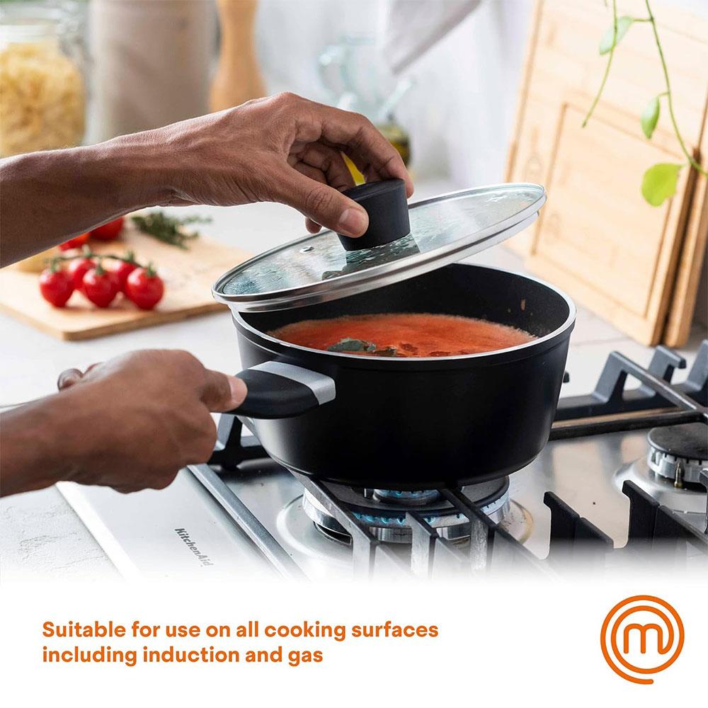 MasterChef Essential Non-Stick Stainless Steel Sauce Pan With Tempered Glass Lid 18cm - Black