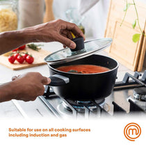 MasterChef Essential Non-Stick Stainless Steel Sauce Pan With Tempered Glass Lid 18cm - Black