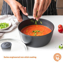 MasterChef Essential Non-Stick Stainless Steel Sauce Pan With Tempered Glass Lid 18cm - Black