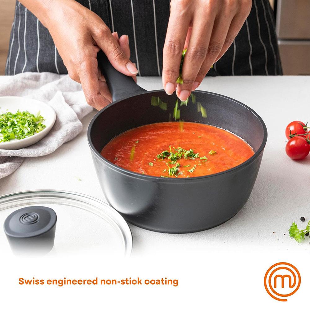 MasterChef Essential Non-Stick Stainless Steel Sauce Pan With Tempered Glass Lid 18cm - Black