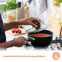 MasterChef Essential Non-Stick Stainless Steel Sauce Pan With Tempered Glass Lid 18cm - Black