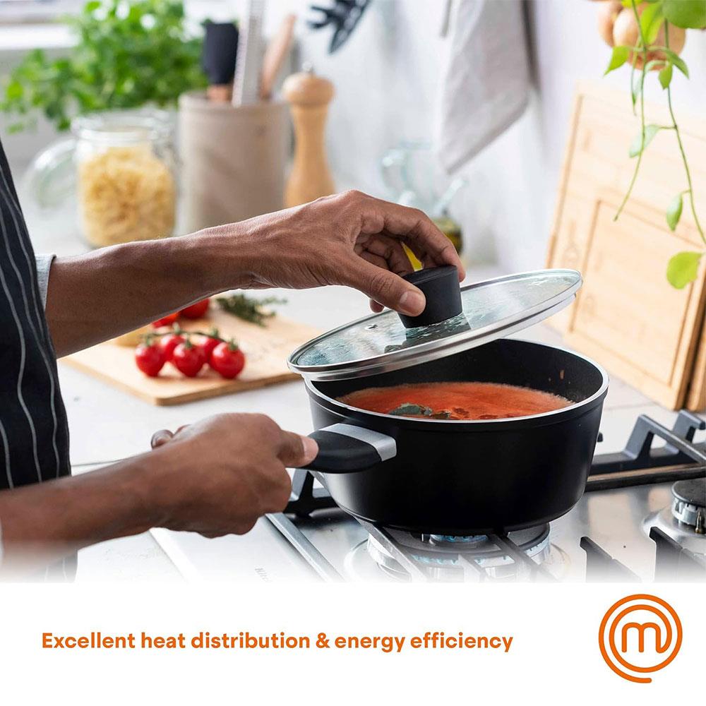MasterChef Essential Non-Stick Stainless Steel Sauce Pan With Tempered Glass Lid 18cm - Black