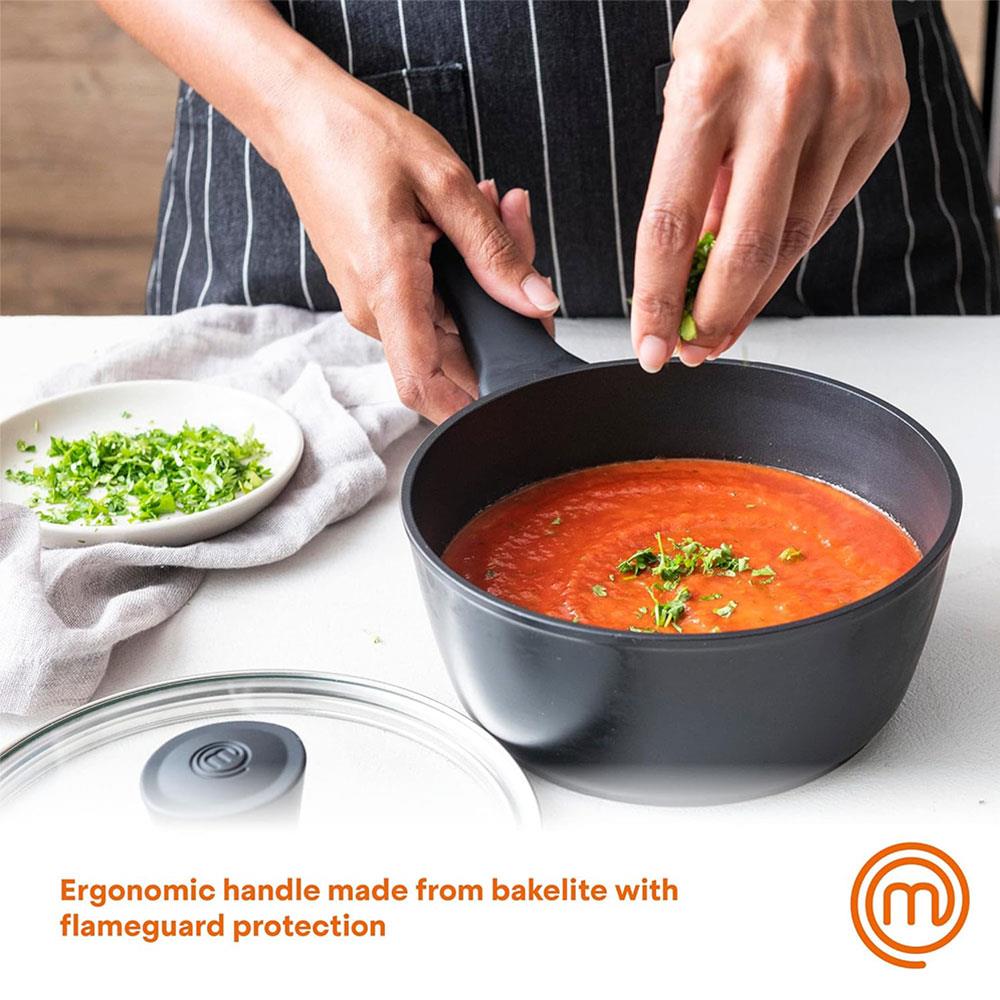 MasterChef Essential Non-Stick Stainless Steel Sauce Pan With Tempered Glass Lid 18cm - Black