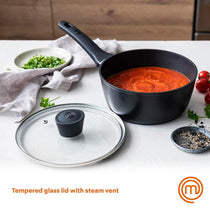 MasterChef Essential Non-Stick Stainless Steel Sauce Pan With Tempered Glass Lid 18cm - Black