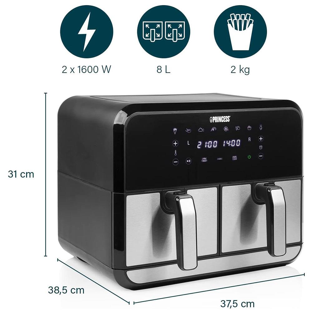 Princess Double Basket Air Fryer With 8 Pre-Programme Settings 1600W 8 Litres Capacity - Black/Silver