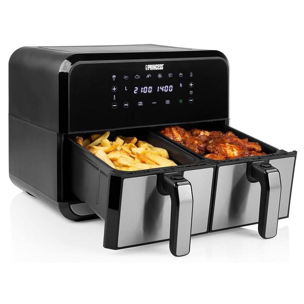 Princess Double Basket Air Fryer With 8 Pre-Programme Settings 1600W 8 Litres Capacity - Black/Silver