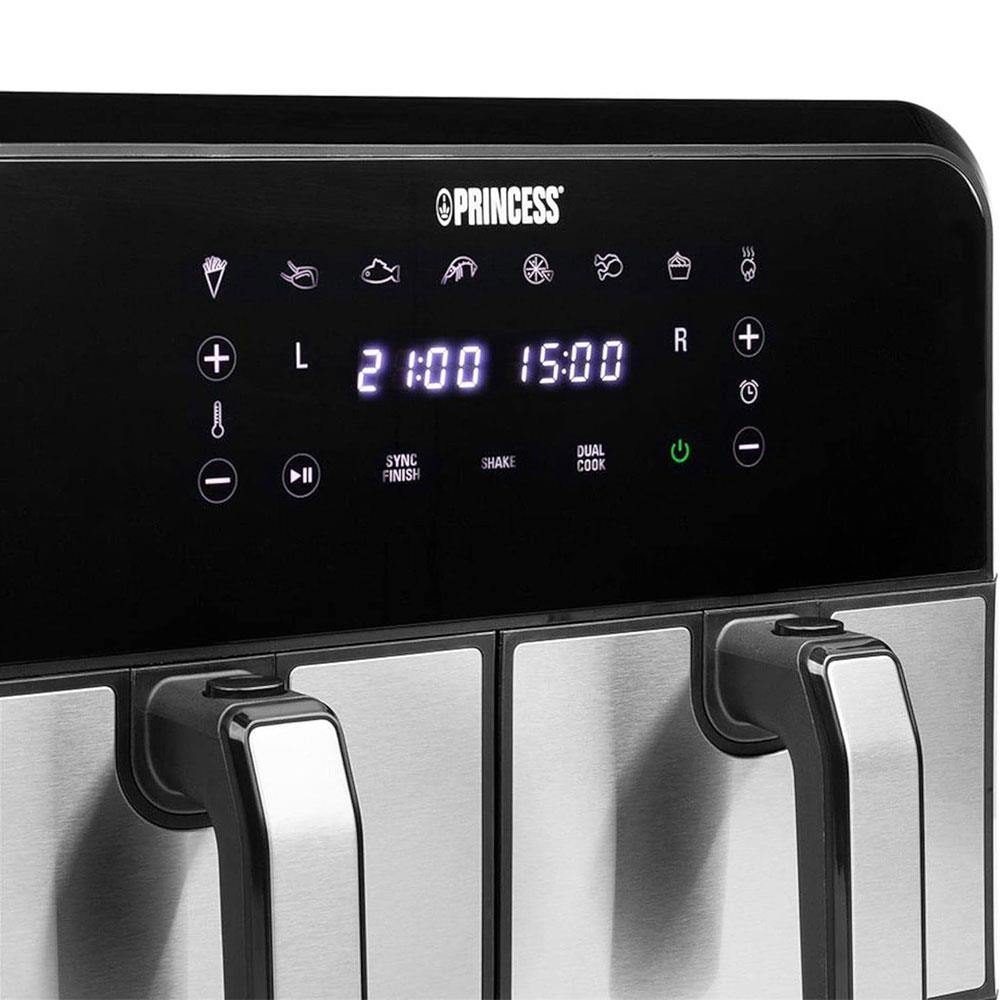 Princess Double Basket Air Fryer With 8 Pre-Programme Settings 1600W 8 Litres Capacity - Black/Silver