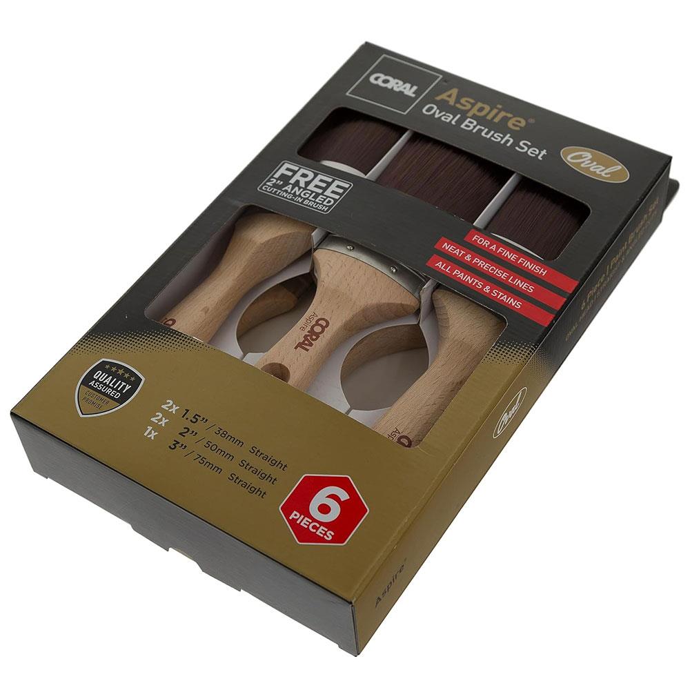 Coral Aspire Oval Paint Brush Set 2 X 1.5 Inch 2 X 2 Inch 3 Inch And 2 Inch Angled Stubby - 6 Piece