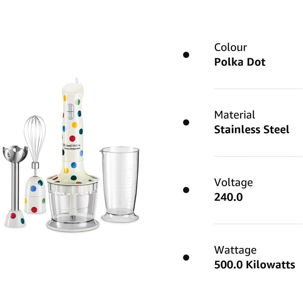 Russell Hobbs Emma Bridgewater 3-In-1 Hand Blender With Hand Whisk And Mini Chopper Attachments 500W - Polka Dot