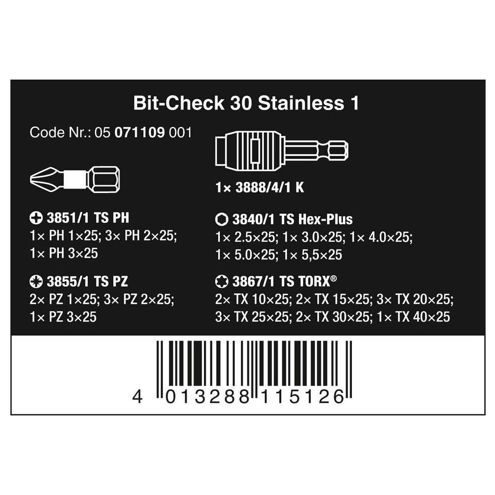 Wera Bit-Check 30 Stainless 1 Bit Set With Rapidaptor Universal Bit Holder PH/PZ/TX/HEX-PLUS - Silver Secondary image