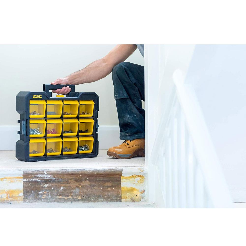 Stanley FatMax Flip Bin Deep Pro Organiser 12 Removable Compartments - Black/Yellow