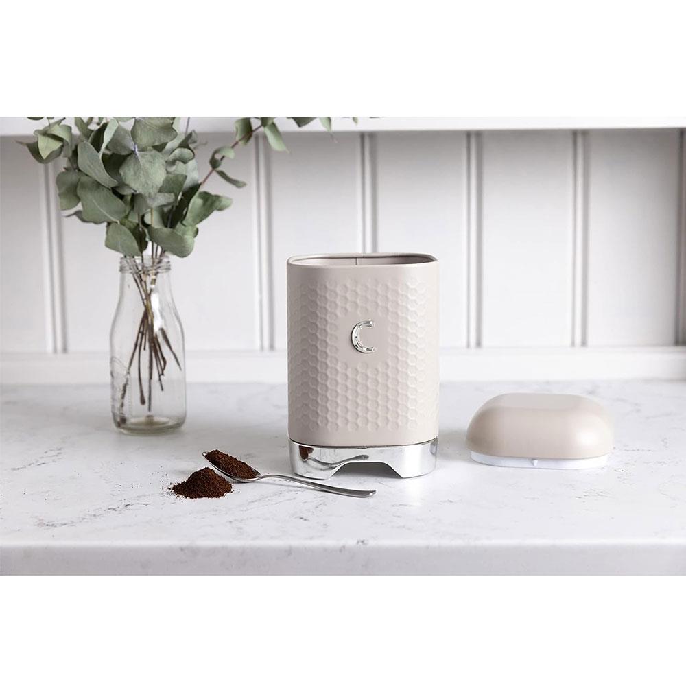 KitchenCraft Lovello Textured Coffee Caddy Geo Metal 11.5 x 11.5 x 19.5cm - Latte Cream