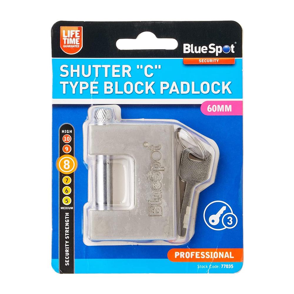 BlueSpot Shutter 'C' Type Block Padlock 60mm With 3 Keys - Silver Main image