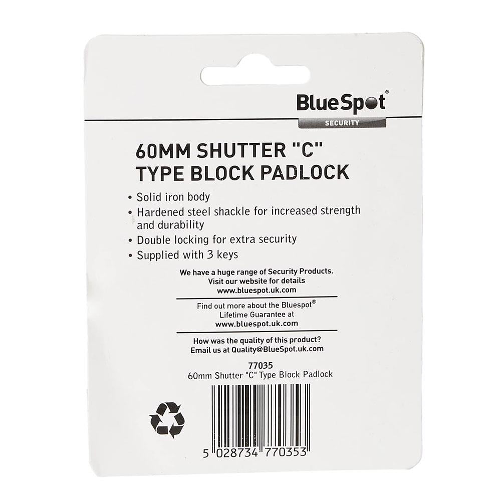BlueSpot Shutter 'C' Type Block Padlock 60mm With 3 Keys - Silver