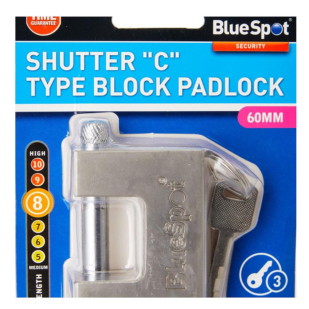 BlueSpot Shutter 'C' Type Block Padlock 60mm With 3 Keys - Silver