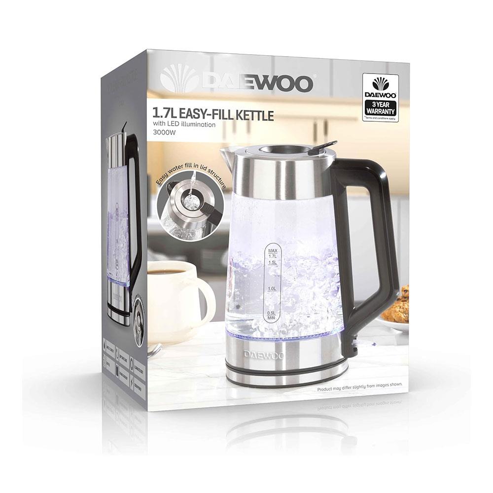Daewoo Easy Fill LED Illuminating Glass Kettle 3000W 1.7 Litres - Silver