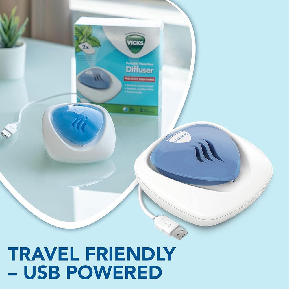 Vicks Portable Waterless Diffuser USB Comforting Vapours Feel Easy Breathing 2 Scent Pads