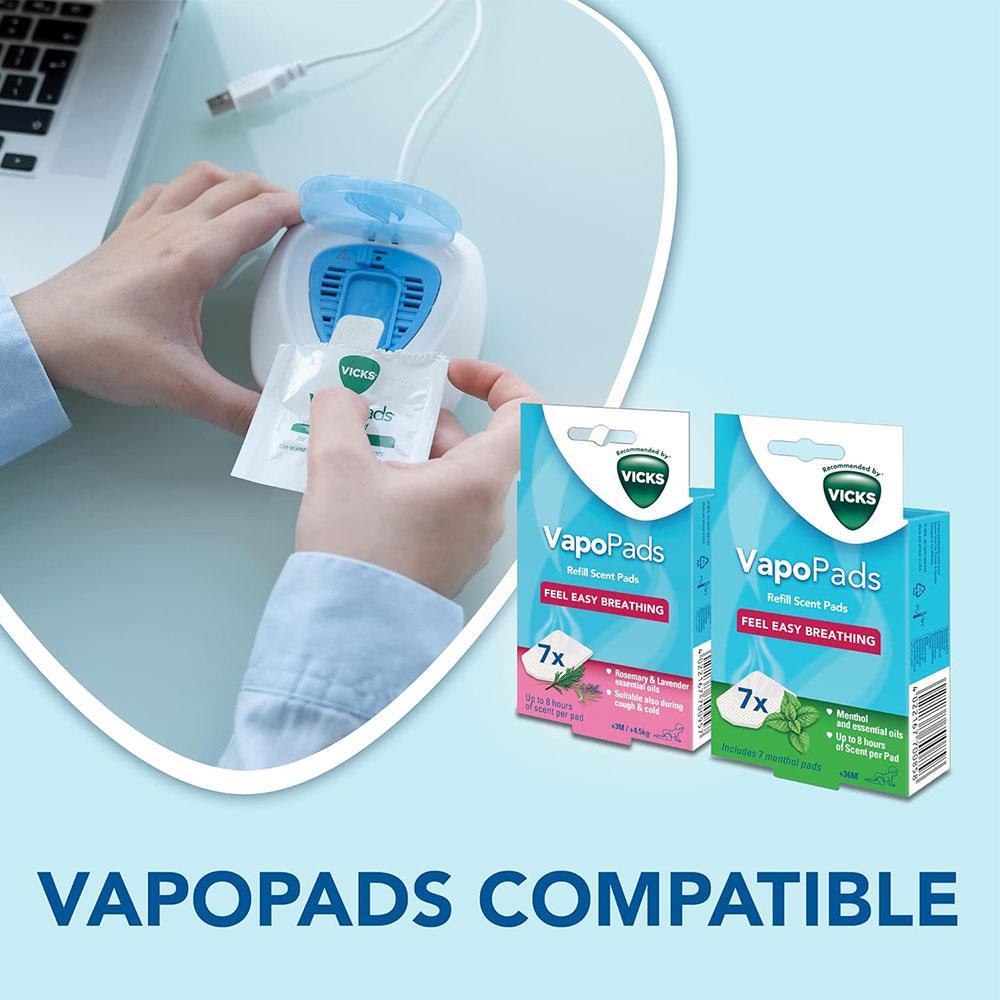 Vicks Portable Waterless Diffuser USB Comforting Vapours Feel Easy Breathing 2 Scent Pads